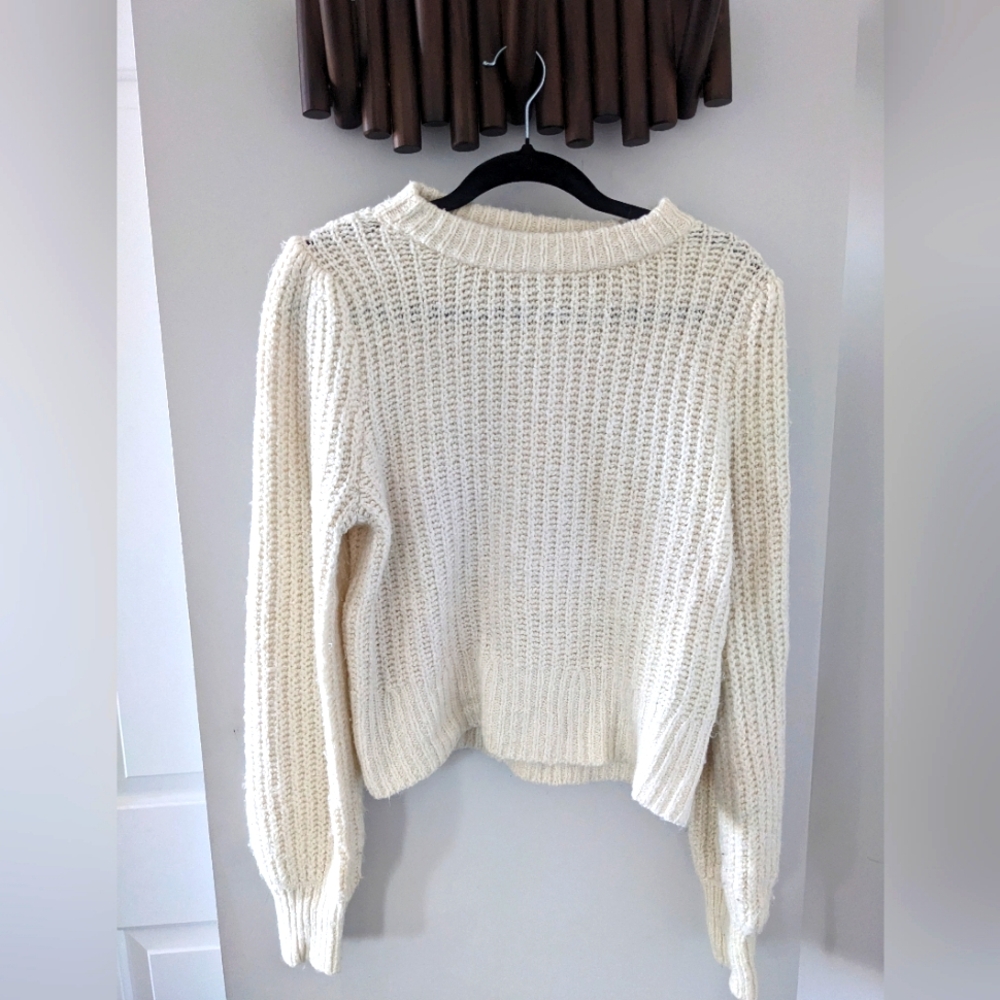 Simon's Twik Women's Cotton Blend white Knit Balloon Sleeves sweater - Size US M
